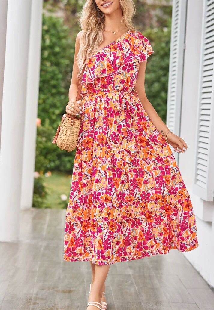 Summer Women Clothing Printed Oblique Shoulder Ruffles Sleeveless Dress Bella Mia